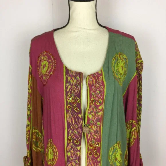 Soft Surroundings One Button Jacket 2X Womans Plus Pink Green Batik Print Rayon - Picture 3 of 15